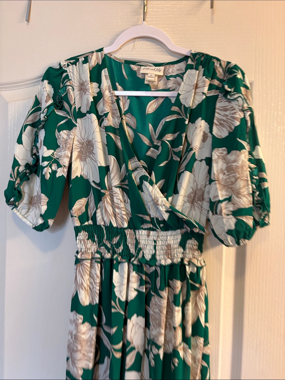 Green Floral Maxi Wrap Dress with Smocked Waist